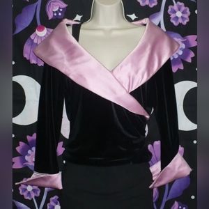 Vintage 90s Black Barbiecore Pink Satin Wide Boat Collar Rouged Evening Top